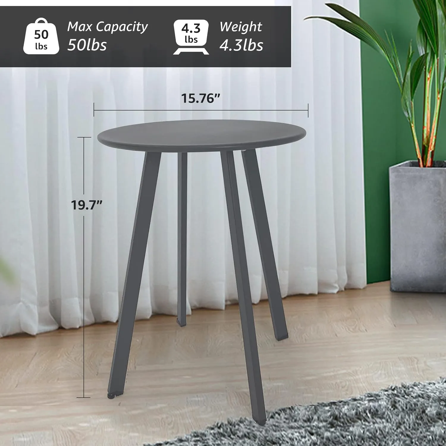 Modern Grey Round Metal Steel Side Table, 15.75" x 19.7", Indoor & Outdoor