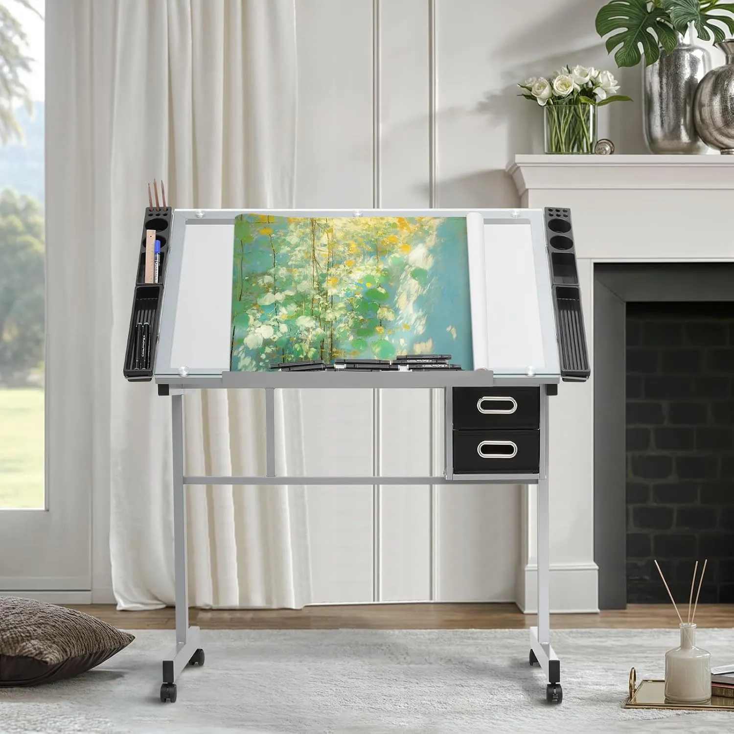 MoNiBloom Drafting Table on Wheels with Storage & Side Tray - Adjustable 0-65° Glass Tabletop, Replaceable Feet Art Desk