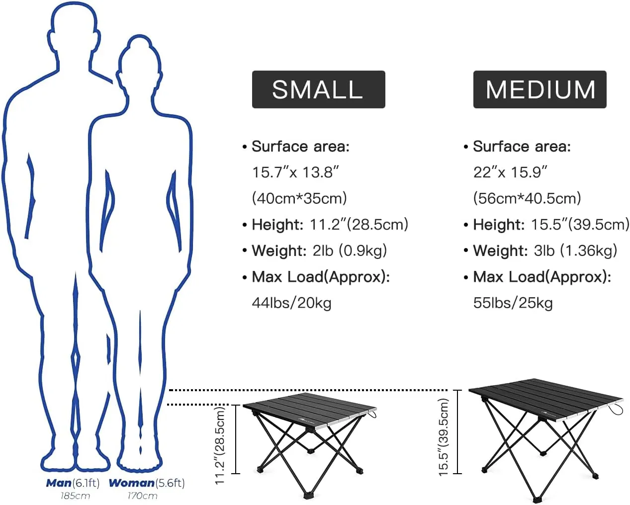 MOON LENCE Folding Outdoor Aluminum Camping Table Portable Ultralight Compact Backpacking Travel Table for Beach, Picnics, Hiking (Black, Middle)