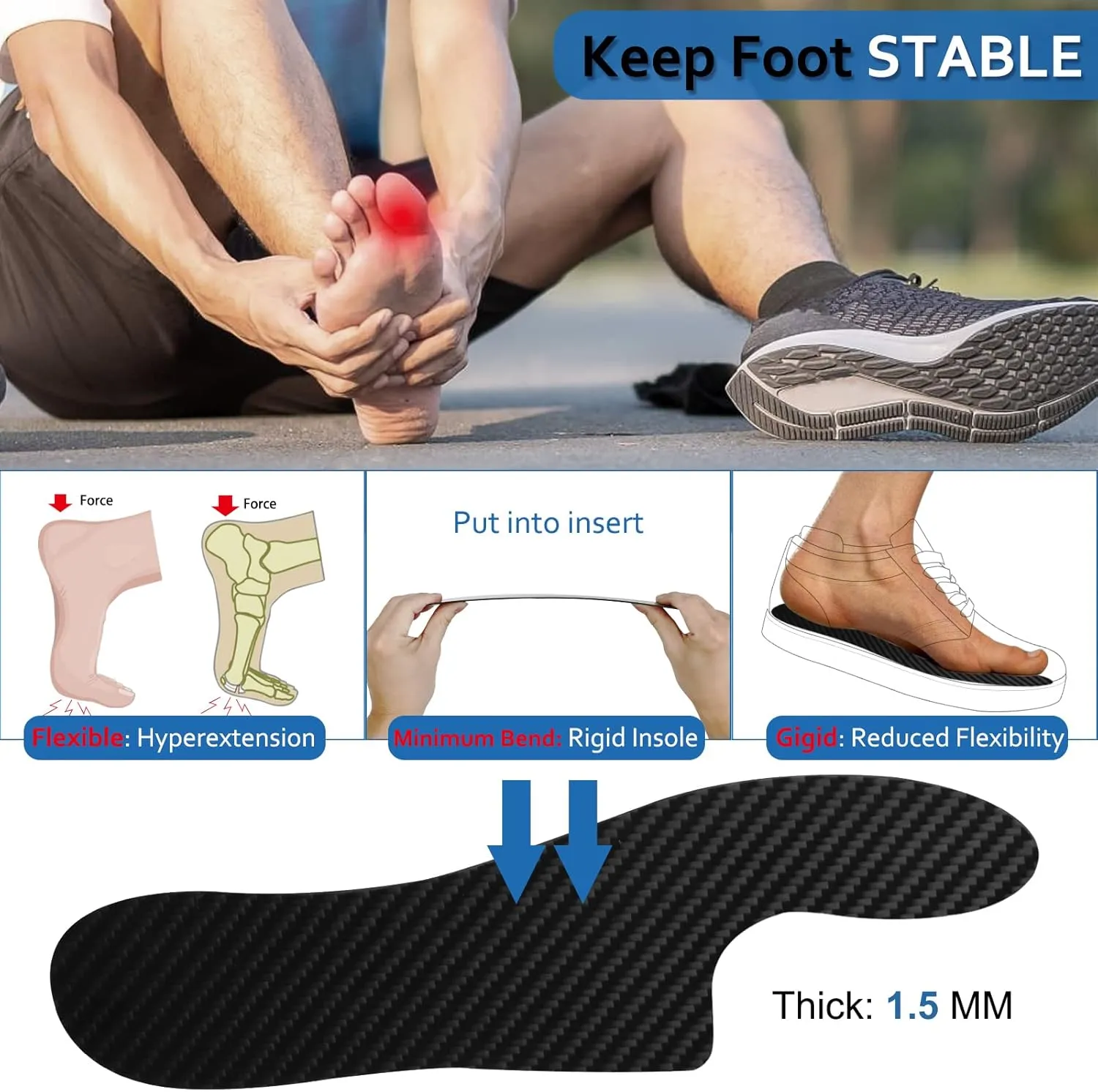 Morton´s Extension Orthotic,Recovery Carbon Fiber Insole, 1Piece, Very Rigid Foot Support Insert for Morton's Toe, Turf Toe, Arthritis, Hallux Rigidus, Broken Big Toe and Forefoot Pain 275mm