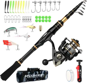 mouhike Carbon Fiber Telescopic Fishing Rod Reel Combo Lightweight Collapsible Spinning Pole Reel Kit Fishing Gear Set Portable Travel Fishing Kit with Tackle Bag Lures Hooks Fishermen Gift