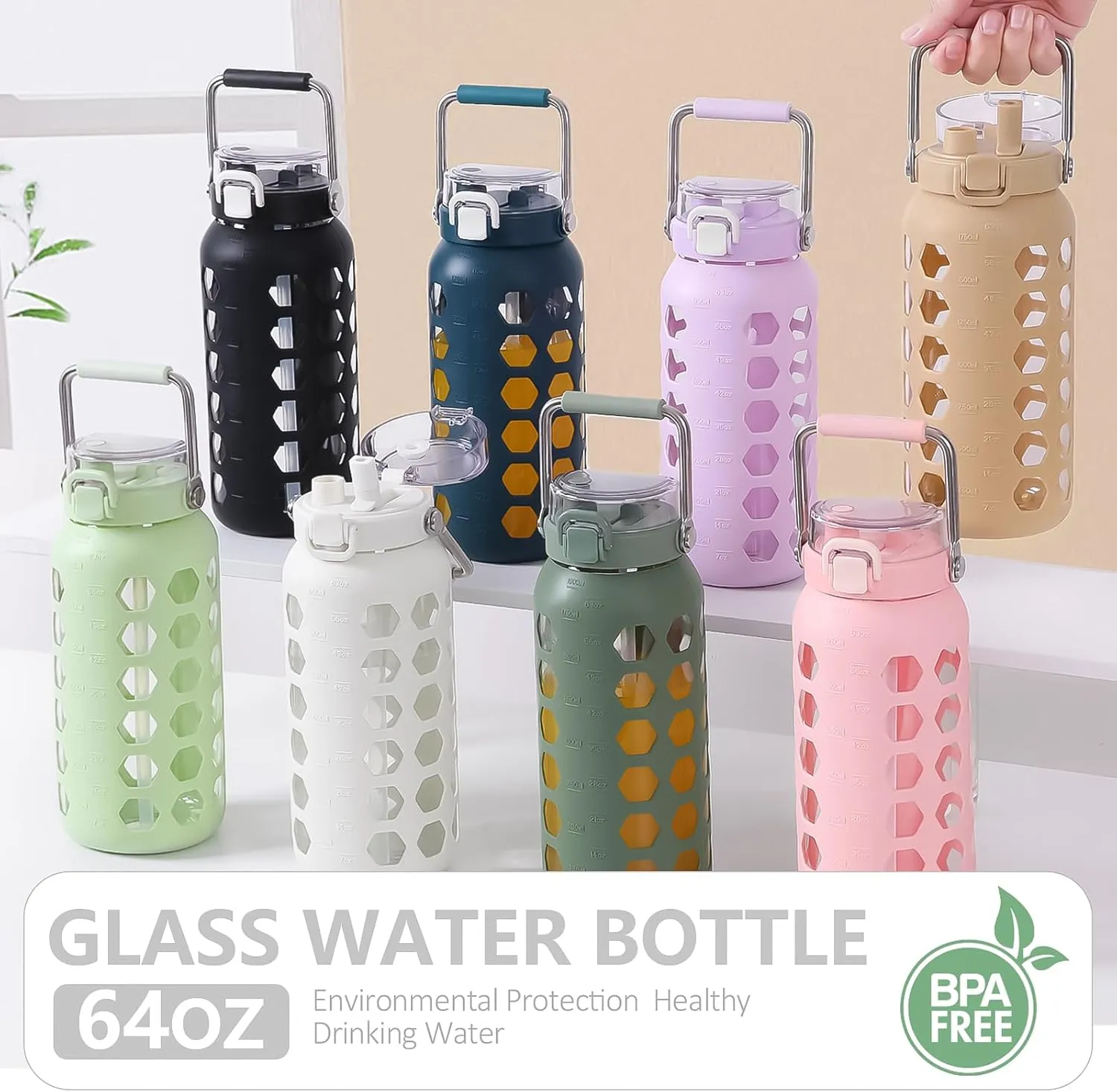 MUKOKO 64oz Glass Water Bottles with Straw and Lid,Half Gallon Water Bottle with Time Marker,Large Glass Water Jug with Silicone Sleeve and Stainless Steel Handle-Olive