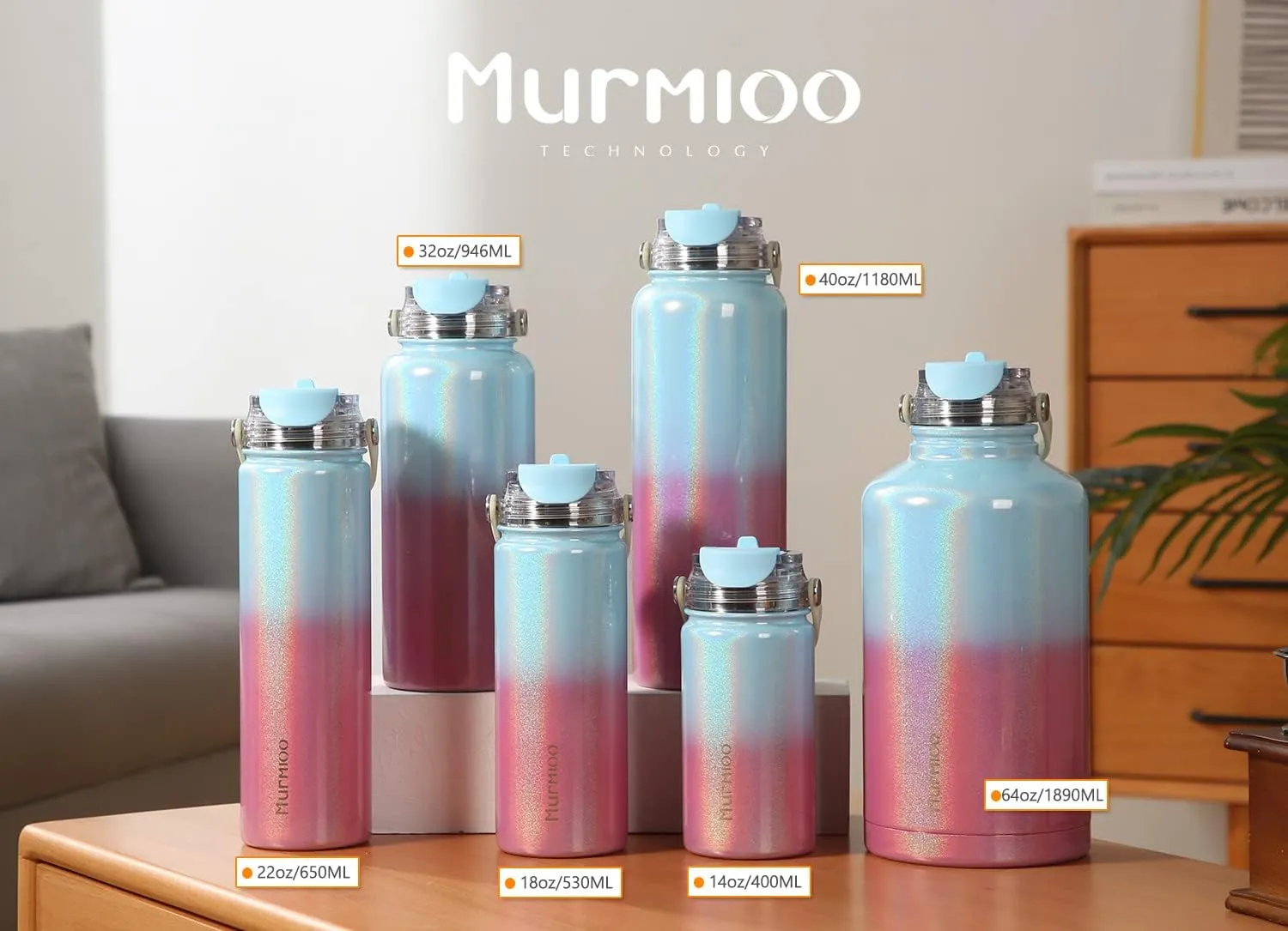 Murmioo Insulated Sports Water Bottle,2-in-1 Straw Lid(Straw & directly drinking Lids),Leak Proof, Double Walled vacuum,BPA Free,Keeps Hot and Cold - Travel Sports Canteen Rose blue gradient/64oz