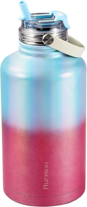 Murmioo Insulated Sports Water Bottle,2-in-1 Straw Lid(Straw & directly drinking Lids),Leak Proof, Double Walled vacuum,BPA Free,Keeps Hot and Cold - Travel Sports Canteen Rose blue gradient/64oz