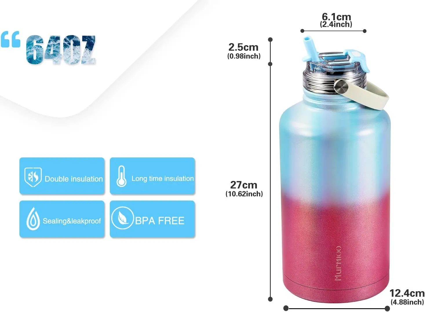 Murmioo Insulated Sports Water Bottle,2-in-1 Straw Lid(Straw & directly drinking Lids),Leak Proof, Double Walled vacuum,BPA Free,Keeps Hot and Cold - Travel Sports Canteen Rose blue gradient/64oz