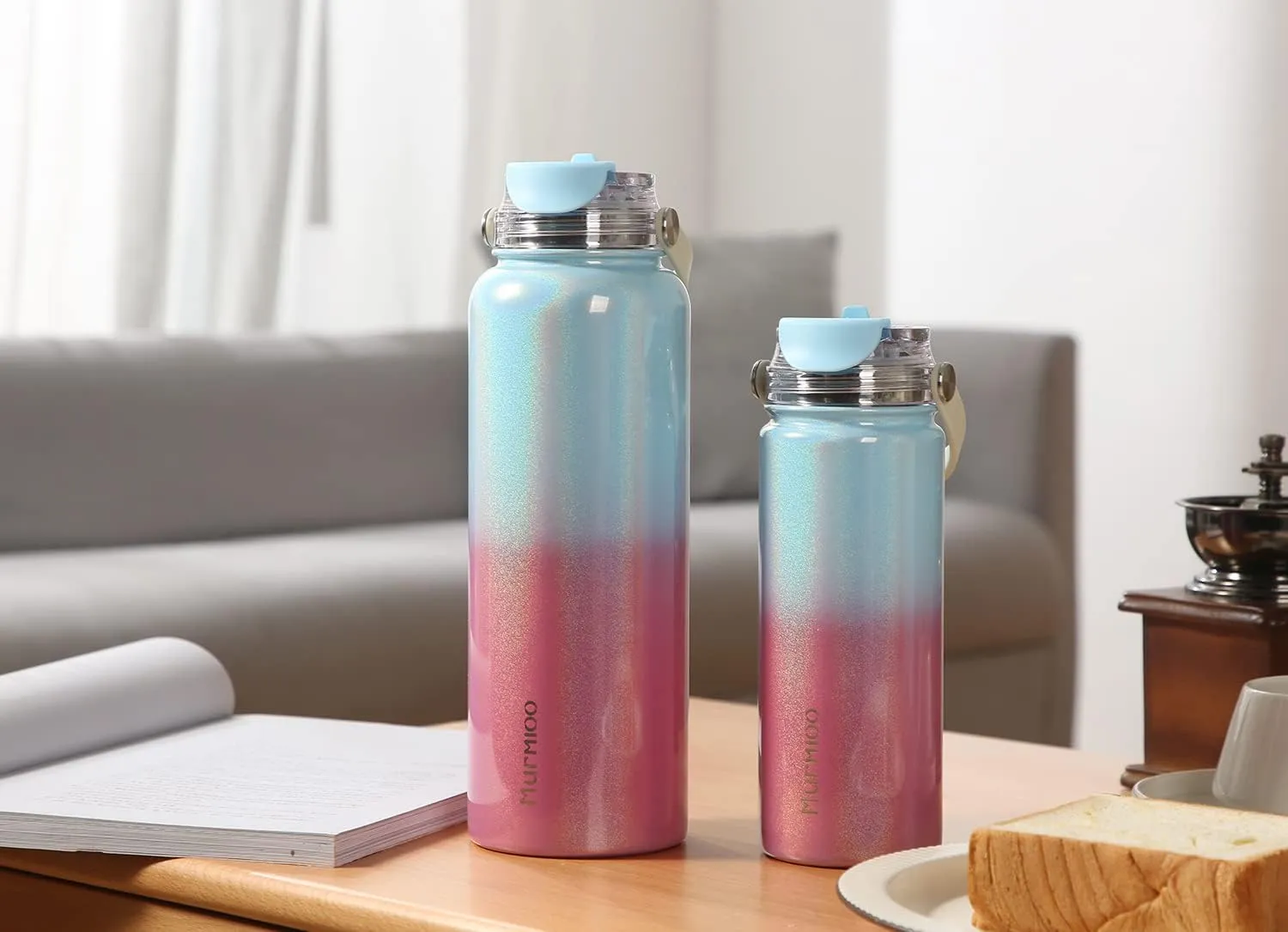 Murmioo Insulated Sports Water Bottle,2-in-1 Straw Lid(Straw & directly drinking Lids),Leak Proof, Double Walled vacuum,BPA Free,Keeps Hot and Cold - Travel Sports Canteen Rose blue gradient/64oz