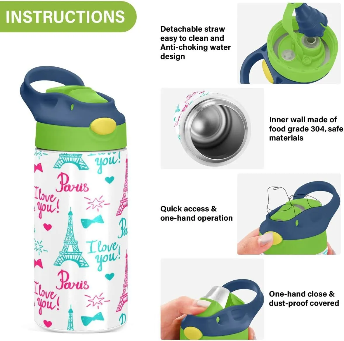 Nander Gray Wolf Insulated Kids Water Bottle 12oz,Double Wall Vacuum Stainless Steel Wide Mouth Sports Drinks Flask,Leak Proof BPA Free Travel Thermo Mug for Outdoor School