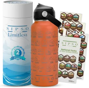 National park water bottle with stickers- Laser-Engraved logos, 32 oz Cool Gifts for Hikers, Featuring Iconic USA National Park Landmarks Outdoor Gift (Orange)
