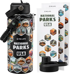 National Parks Water Bottle with 2 Sets Stickers and 2 Lids, 32 Oz Stainless Steel Insulated, Leakproof, BPA Free Water Bottle with Braided Rope & Compass, Cup Brush, for Camping & Hiking