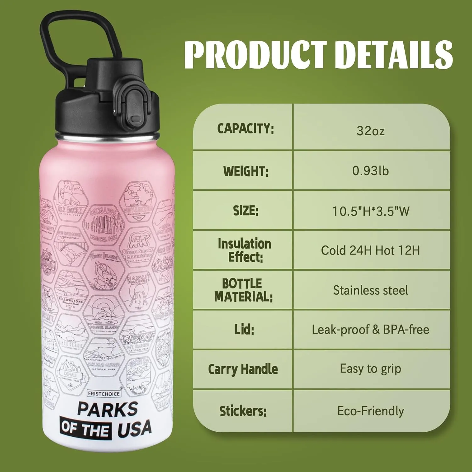 National Parks Water Bottle with 63 Waterproof Stickers,32oz Double Wall Vacuum Stainless Steel Wide Mouth Insulated Travel Water Bottle with Spout Lid,BPA-free and Leak-proof (32oz,Pink white)
