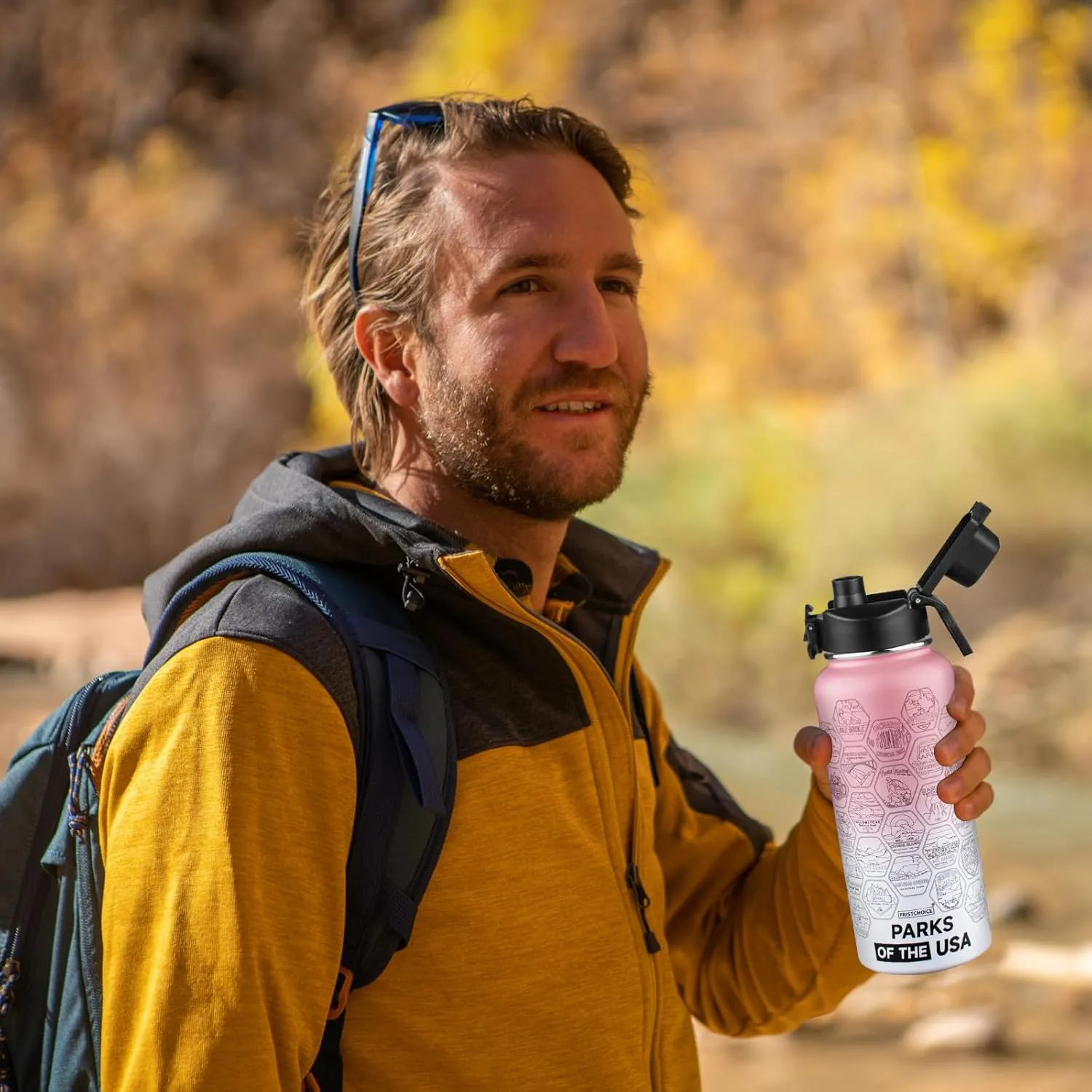 National Parks Water Bottle with 63 Waterproof Stickers,32oz Double Wall Vacuum Stainless Steel Wide Mouth Insulated Travel Water Bottle with Spout Lid,BPA-free and Leak-proof (32oz,Pink white)