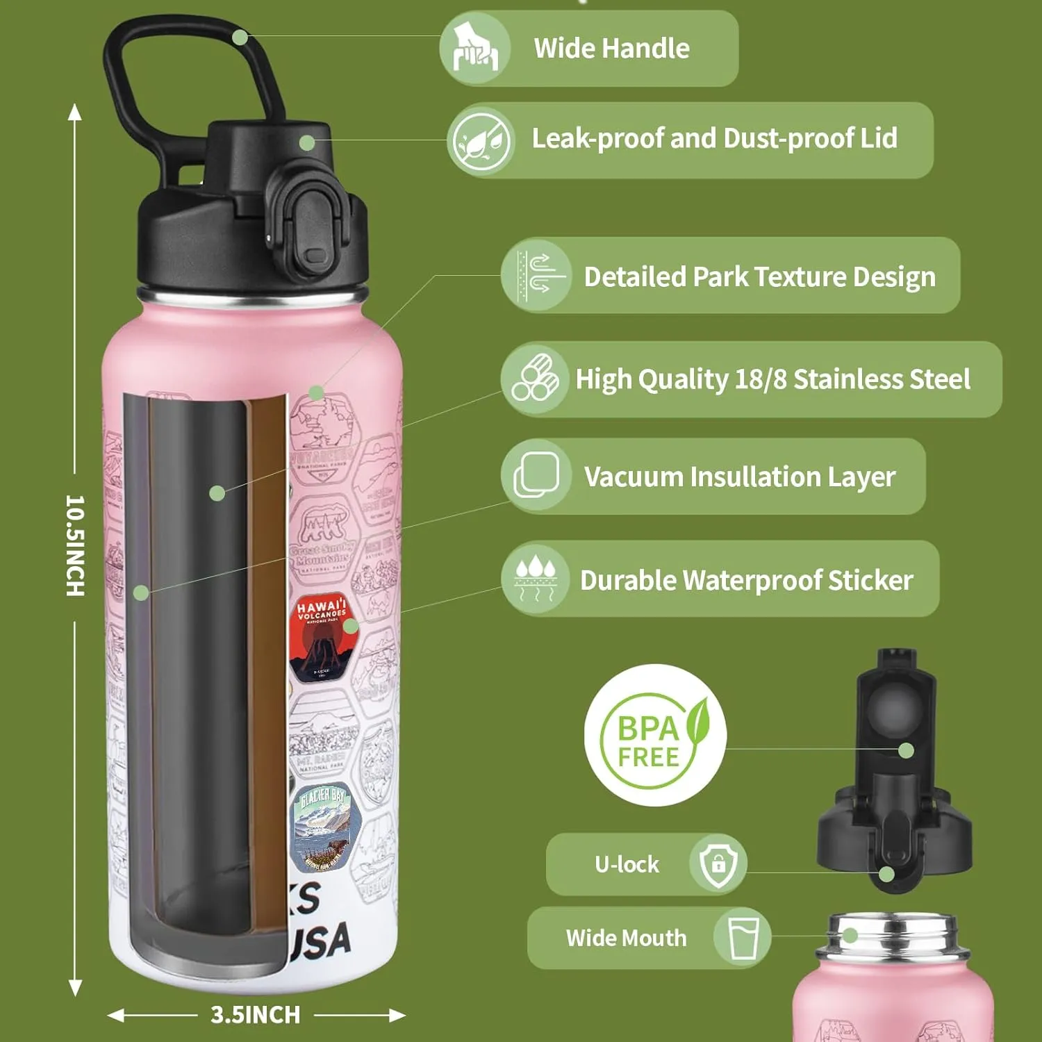 National Parks Water Bottle with 63 Waterproof Stickers,32oz Double Wall Vacuum Stainless Steel Wide Mouth Insulated Travel Water Bottle with Spout Lid,BPA-free and Leak-proof (32oz,Pink white)
