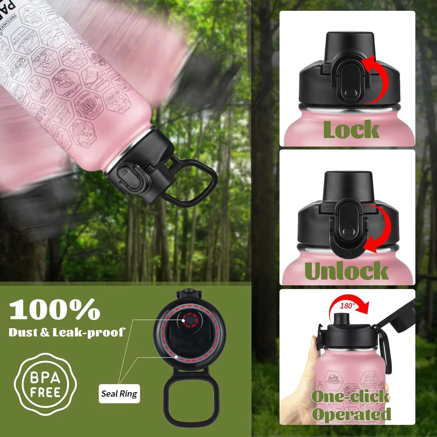 National Parks Water Bottle with 63 Waterproof Stickers,32oz Double Wall Vacuum Stainless Steel Wide Mouth Insulated Travel Water Bottle with Spout Lid,BPA-free and Leak-proof (32oz,Pink white)