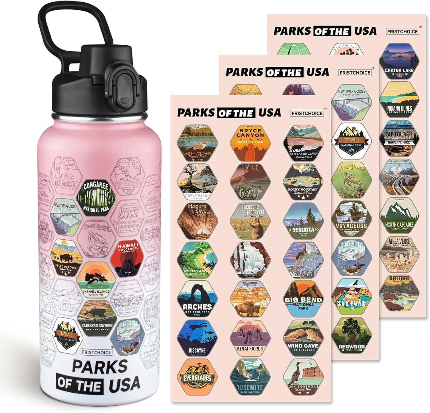 National Parks Water Bottle with 63 Waterproof Stickers,32oz Double Wall Vacuum Stainless Steel Wide Mouth Insulated Travel Water Bottle with Spout Lid,BPA-free and Leak-proof (32oz,Pink white)