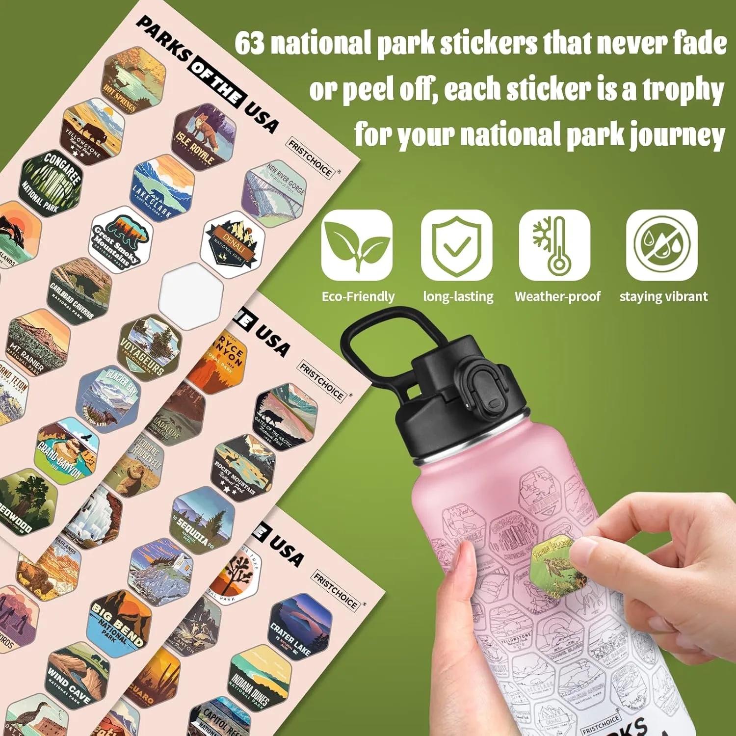 National Parks Water Bottle with 63 Waterproof Stickers,32oz Double Wall Vacuum Stainless Steel Wide Mouth Insulated Travel Water Bottle with Spout Lid,BPA-free and Leak-proof (32oz,Pink white)