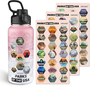 National Parks Water Bottle with 63 Waterproof Stickers,32oz Double Wall Vacuum Stainless Steel Wide Mouth Insulated Travel Water Bottle with Spout Lid,BPA-free and Leak-proof (32oz,Pink white)