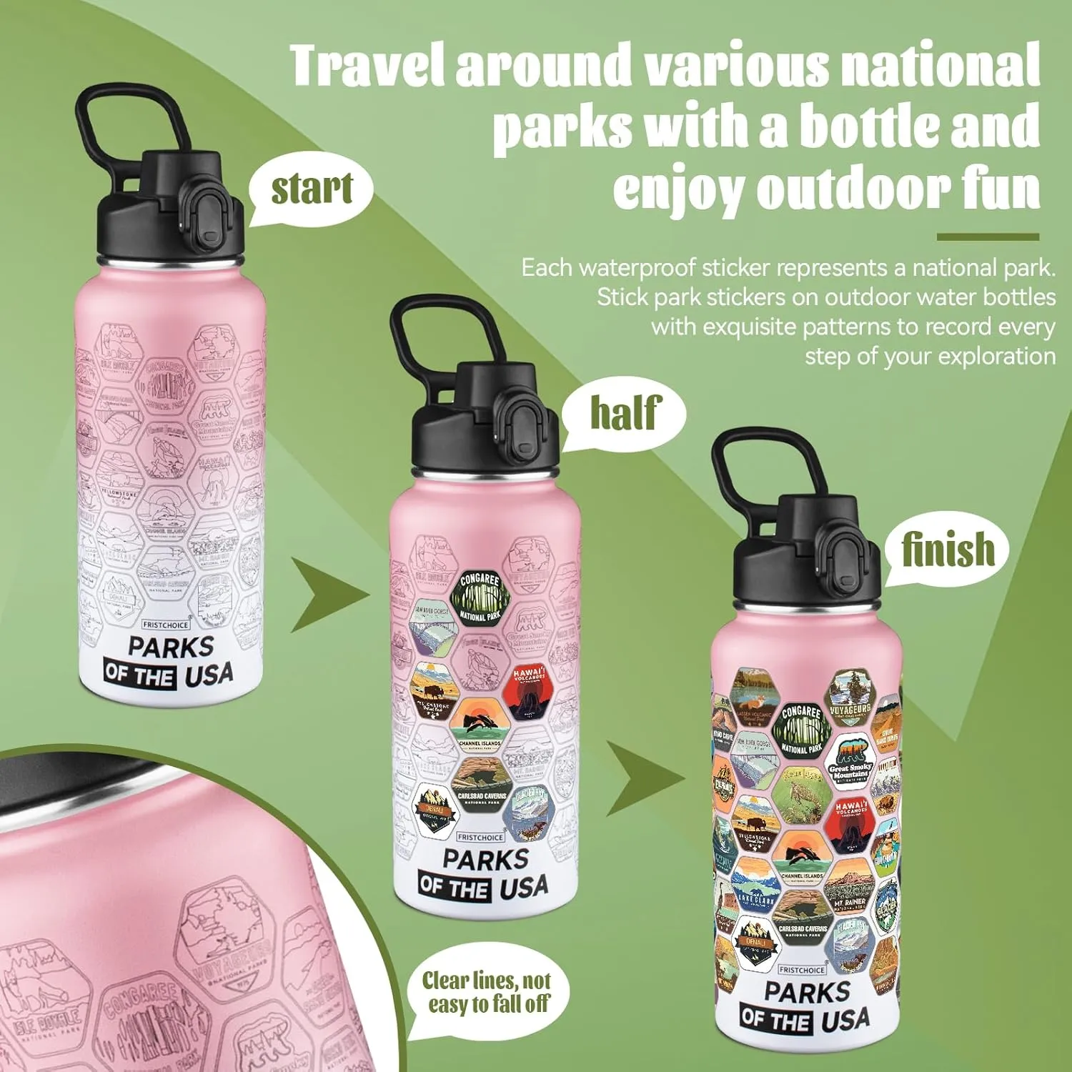National Parks Water Bottle with 63 Waterproof Stickers,32oz Double Wall Vacuum Stainless Steel Wide Mouth Insulated Travel Water Bottle with Spout Lid,BPA-free and Leak-proof (32oz,Pink white)