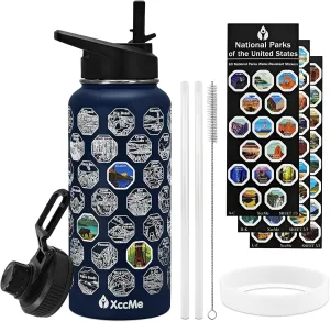 National Parks Water Bottle with Stickers,32 oz Stainless Steel Insulated Water Bottle with Straw,2 Lids,Leak Proof Metal Water Cup for Hiking,Travel,Sports,Camping,Wide Mouth Bottle