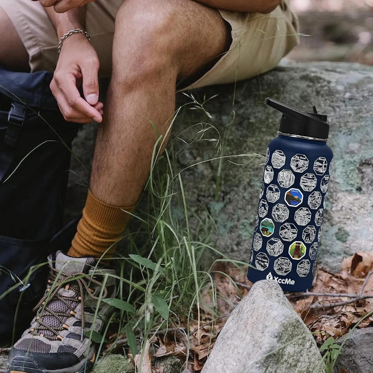 National Parks Water Bottle with Stickers,32 oz Stainless Steel Insulated Water Bottle with Straw,2 Lids,Leak Proof Metal Water Cup for Hiking,Travel,Sports,Camping,Wide Mouth Bottle