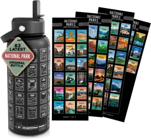 National Parks Water Bottle With Waterproof Stickers Wrap Around- Stainless Steel Insulated Vacuum Sealed 32 oz With Leak Proof Lid (National Park BLACK)
