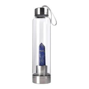 Natural Sapphire Crystal Glass Water Bottle, Gemstone Center Infused Navy Blue Quartz Sports Cup Obelisk Wand Energy Cup for Healing Wellness
