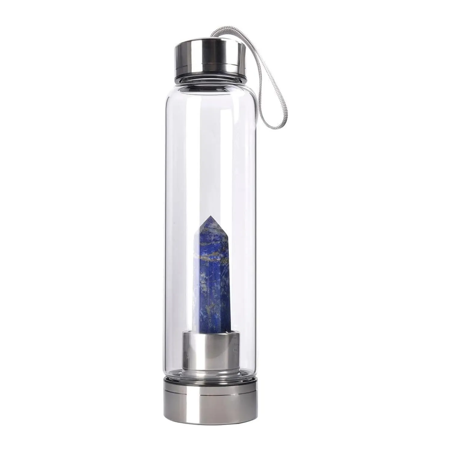 Natural Sapphire Crystal Glass Water Bottle, Gemstone Center Infused Navy Blue Quartz Sports Cup Obelisk Wand Energy Cup for Healing Wellness