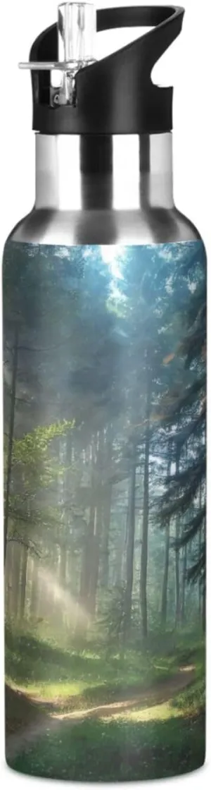 Natural Scenery Forest Sport Water Bottle with Straw Lid 20oz, Leak-Proof Double-Wall Vacuum Stainless Steel Insulated Bottles