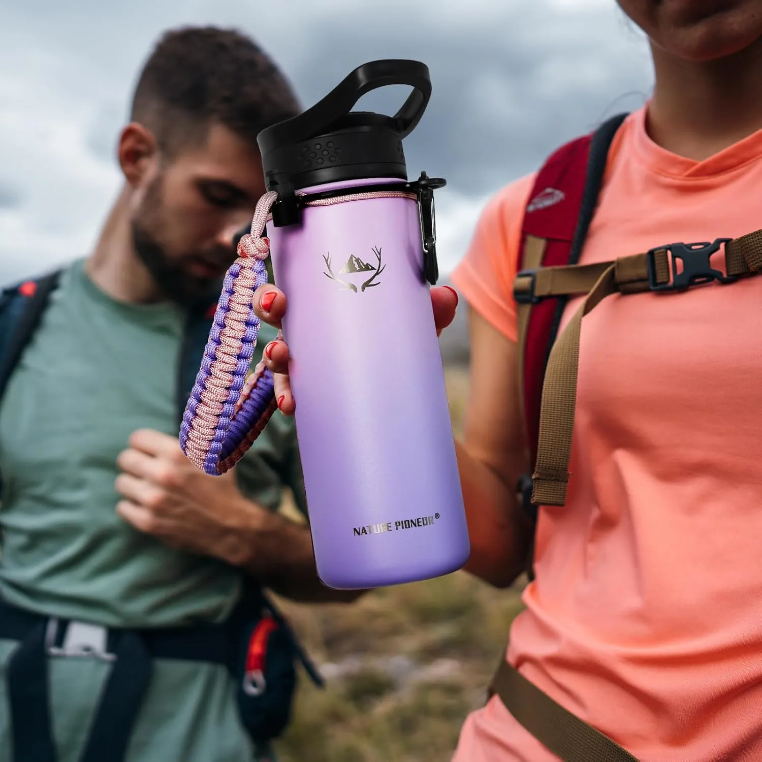 NATURE PIONEOR Insulated Water Bottles with Paracord Handle - 18 oz Vacuum Sports Wide Mouth Water Bottle with 3 Lids, Leak Proof Stainless Steel Keeps Hot and Cold