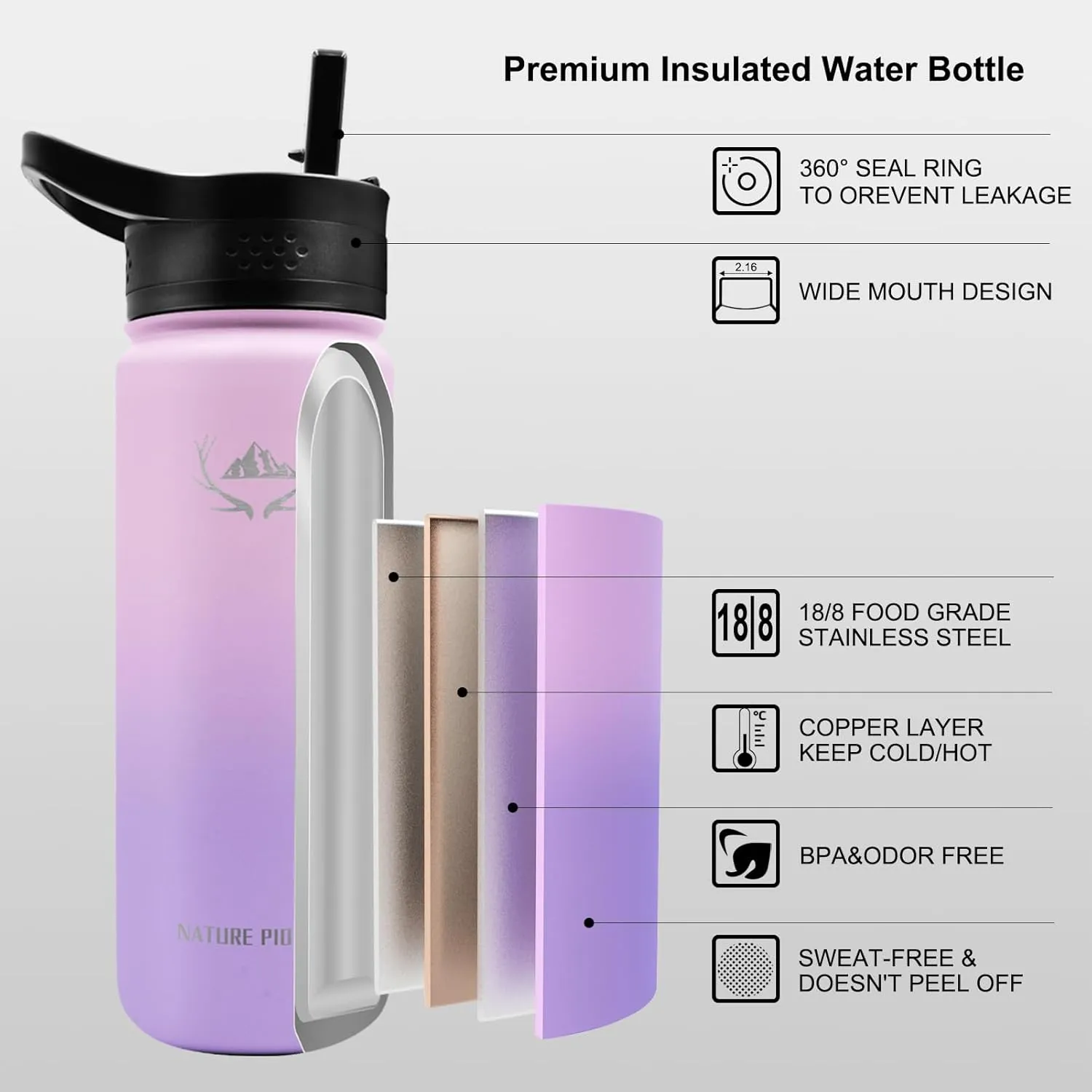 NATURE PIONEOR Insulated Water Bottles with Paracord Handle - 18 oz Vacuum Sports Wide Mouth Water Bottle with 3 Lids, Leak Proof Stainless Steel Keeps Hot and Cold