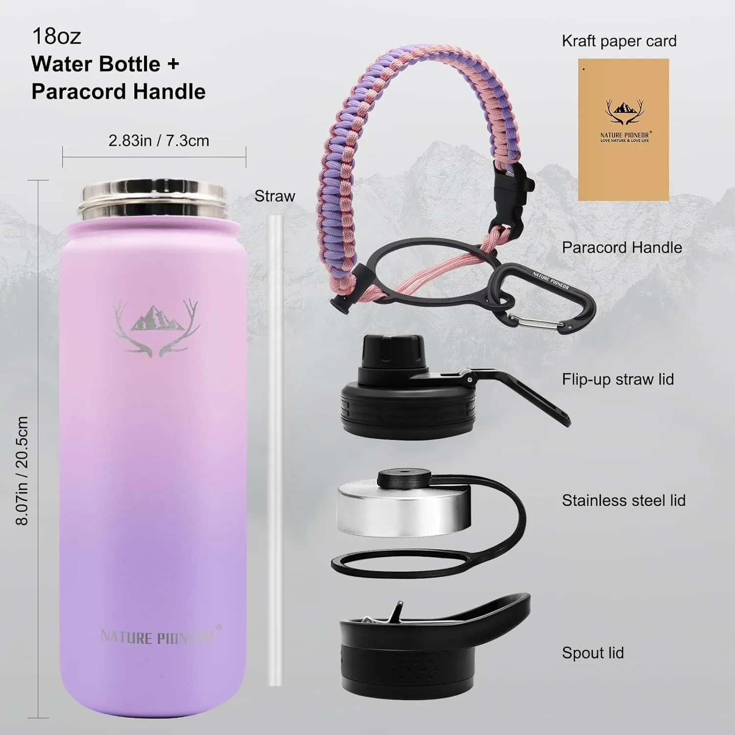 NATURE PIONEOR Insulated Water Bottles with Paracord Handle - 18 oz Vacuum Sports Wide Mouth Water Bottle with 3 Lids, Leak Proof Stainless Steel Keeps Hot and Cold