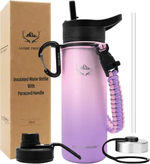 NATURE PIONEOR Insulated Water Bottles with Paracord Handle - 18 oz Vacuum Sports Wide Mouth Water Bottle with 3 Lids, Leak Proof Stainless Steel Keeps Hot and Cold