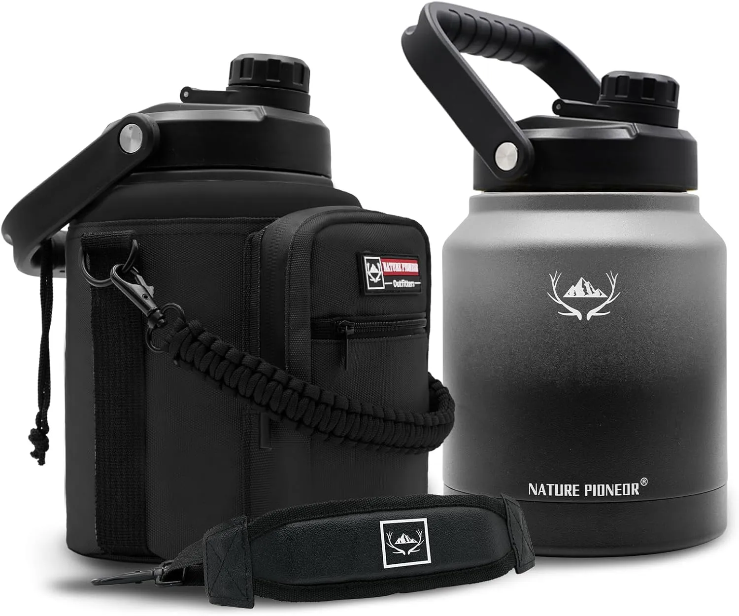 NATURE PIONEOR Insulated Water Bottles with Strap Pouch - 84 oz Stainless Steel Vacuum Bottle with Holder/Carrier/Sleeve - Reusable 18/8 Food Grade Thermos Water Jug
