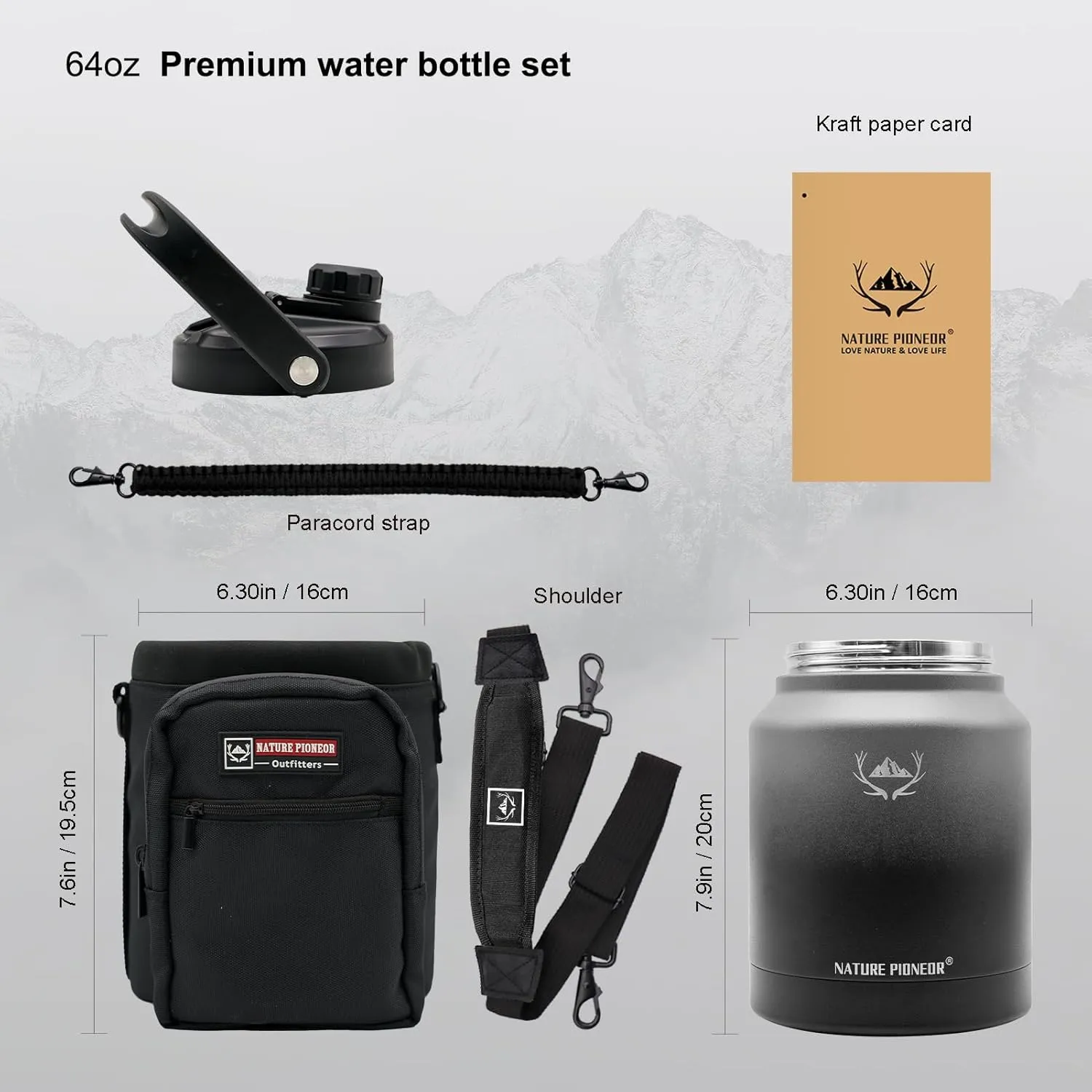 NATURE PIONEOR Insulated Water Bottles with Strap Pouch - 84 oz Stainless Steel Vacuum Bottle with Holder/Carrier/Sleeve - Reusable 18/8 Food Grade Thermos Water Jug