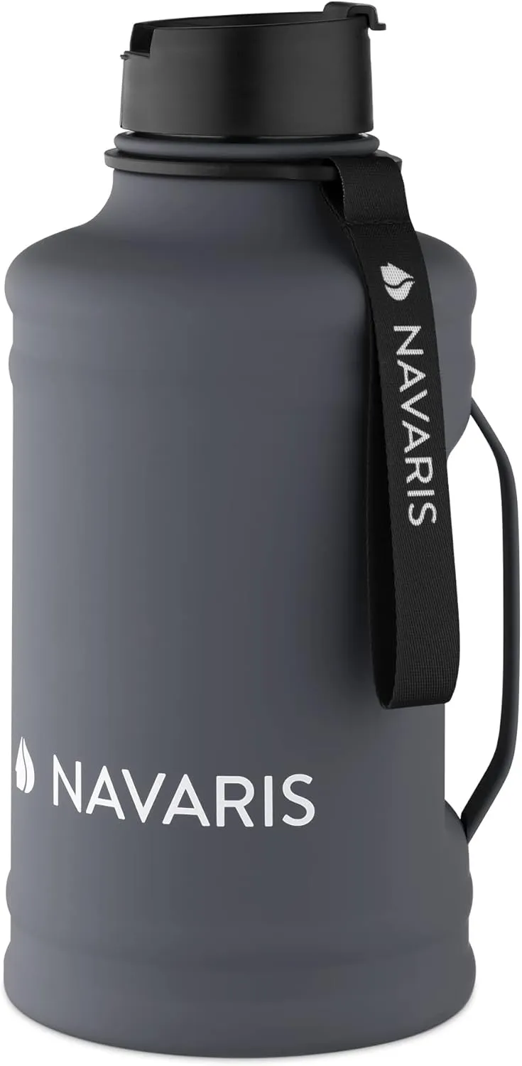 Navaris Half Gallon Water Bottle with Handle - Single-Walled 74 oz (2.2L) Stainless Steel Water Jug - Large Reusable Metal Drinking Bottle for Sports