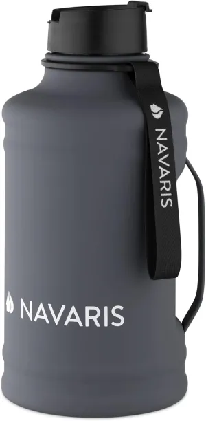 Navaris Half Gallon Water Bottle with Handle - Single-Walled 74 oz (2.2L) Stainless Steel Water Jug - Large Reusable Metal Drinking Bottle for Sports