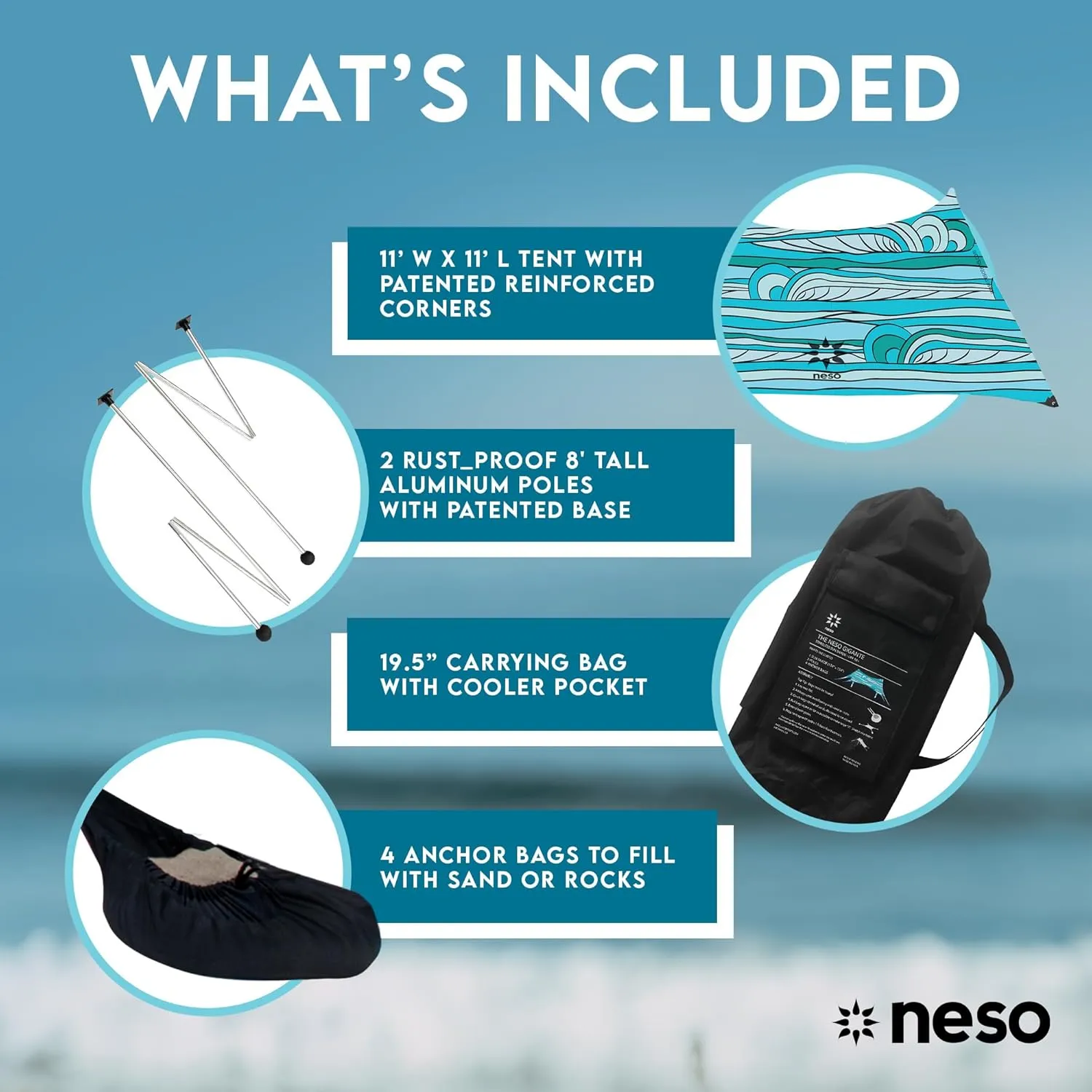 Neso Gigante - Portable Beach Tent - Ideal to Enjoy with Family and Friends - UPF 50 , Water-Resistant, and Lightweight - Swells, 11' x 11'
