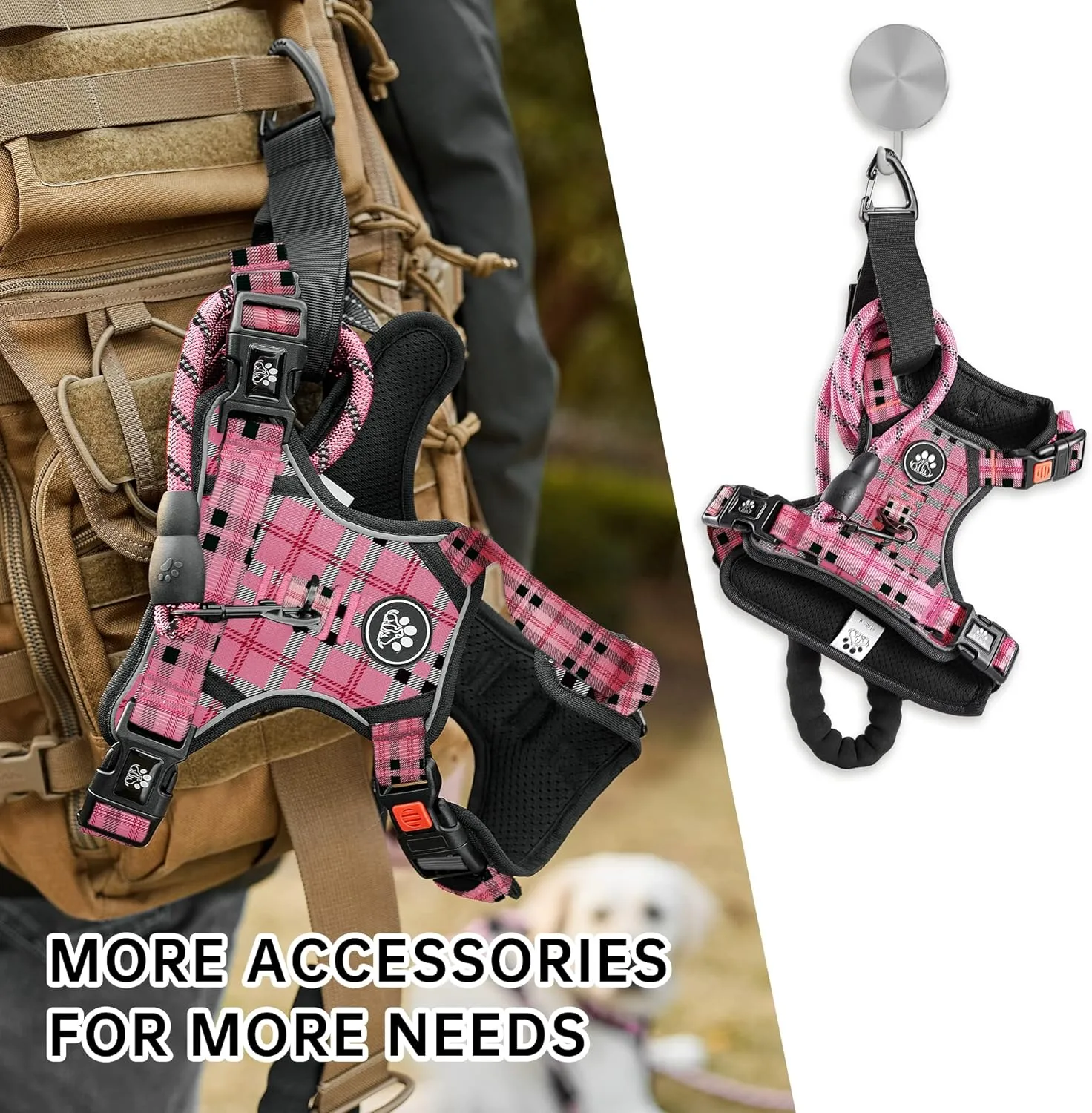 NESTROAD No Pull Dog Harness with Leash, Reflective No Choke Pet Vest Harness,Adjustable Soft Padded Dog Harness with Easy Control Handle for Large Dogs(Checkered Pink,Large)