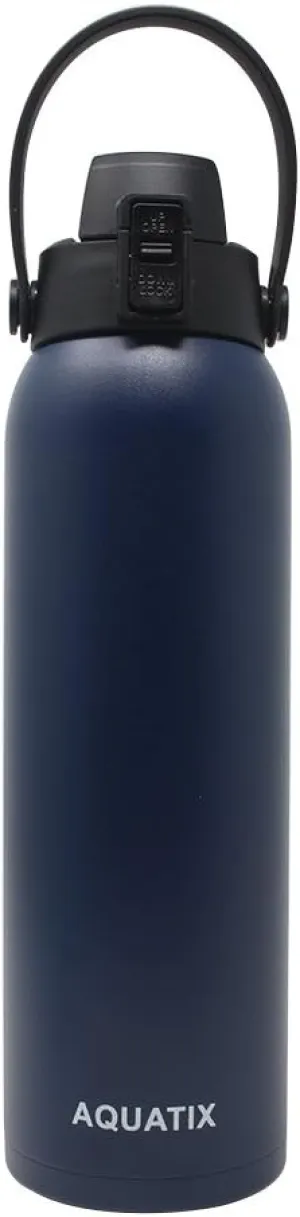 New Aquatix (Navy Blue, 32 Ounce) Pure Stainless Steel Double Wall Vacuum Insulated Sports Water Bottle Convenient Flip Top Cap with Removable Strap Handle - Keeps Drink Cold 24 hr/Hot 6 hr
