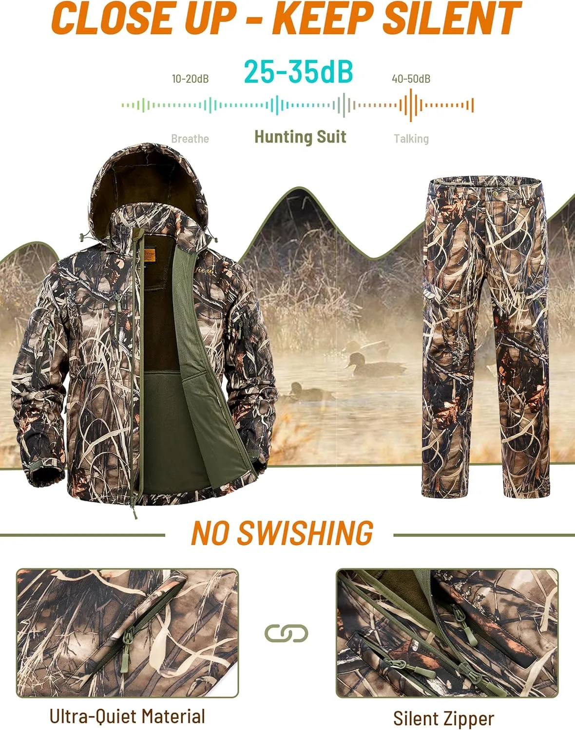 NEW VIEW Camo Hunting Clothes for Men, Quiet Warm Fleece Lining, Cold Weather Deer Hunting Jacket and Pants with Face Mask