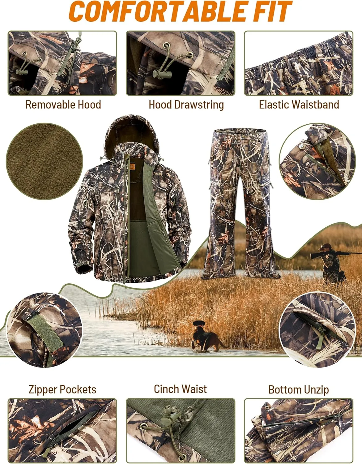 NEW VIEW Camo Hunting Clothes for Men, Quiet Warm Fleece Lining, Cold Weather Deer Hunting Jacket and Pants with Face Mask