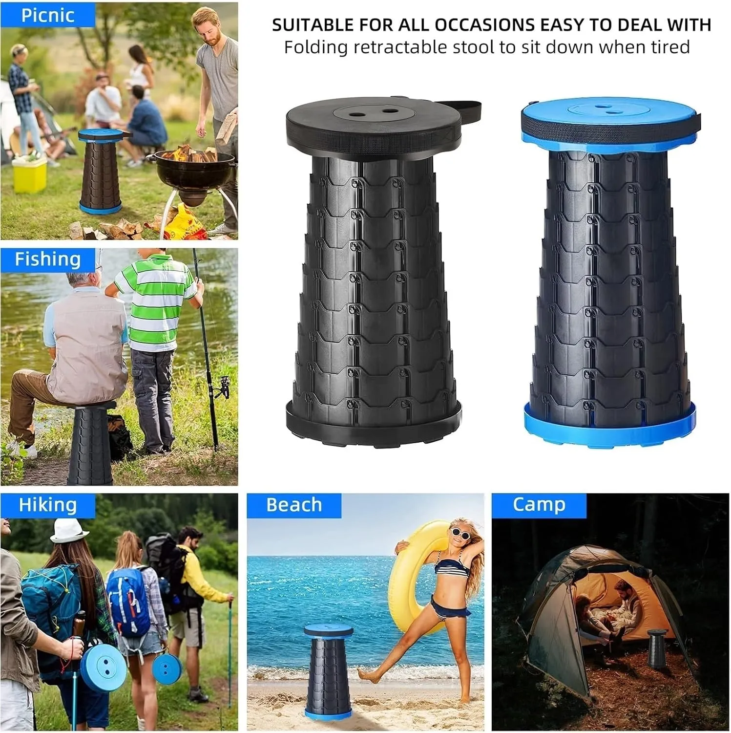 Newly Upgraded Portable Collapsible Telescopic Stool, Sturdy Foldable Stool with Load Capacity of 660lbs, Retractable Camping Stool for Hiking, Fishing Tours Indoor & Outdoor(Black)