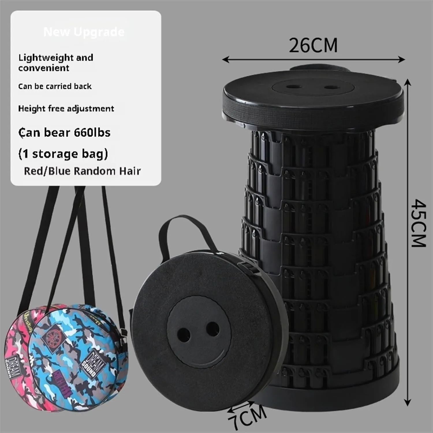 Newly Upgraded Portable Collapsible Telescopic Stool, Sturdy Foldable Stool with Load Capacity of 660lbs, Retractable Camping Stool for Hiking, Fishing Tours Indoor & Outdoor(Black)