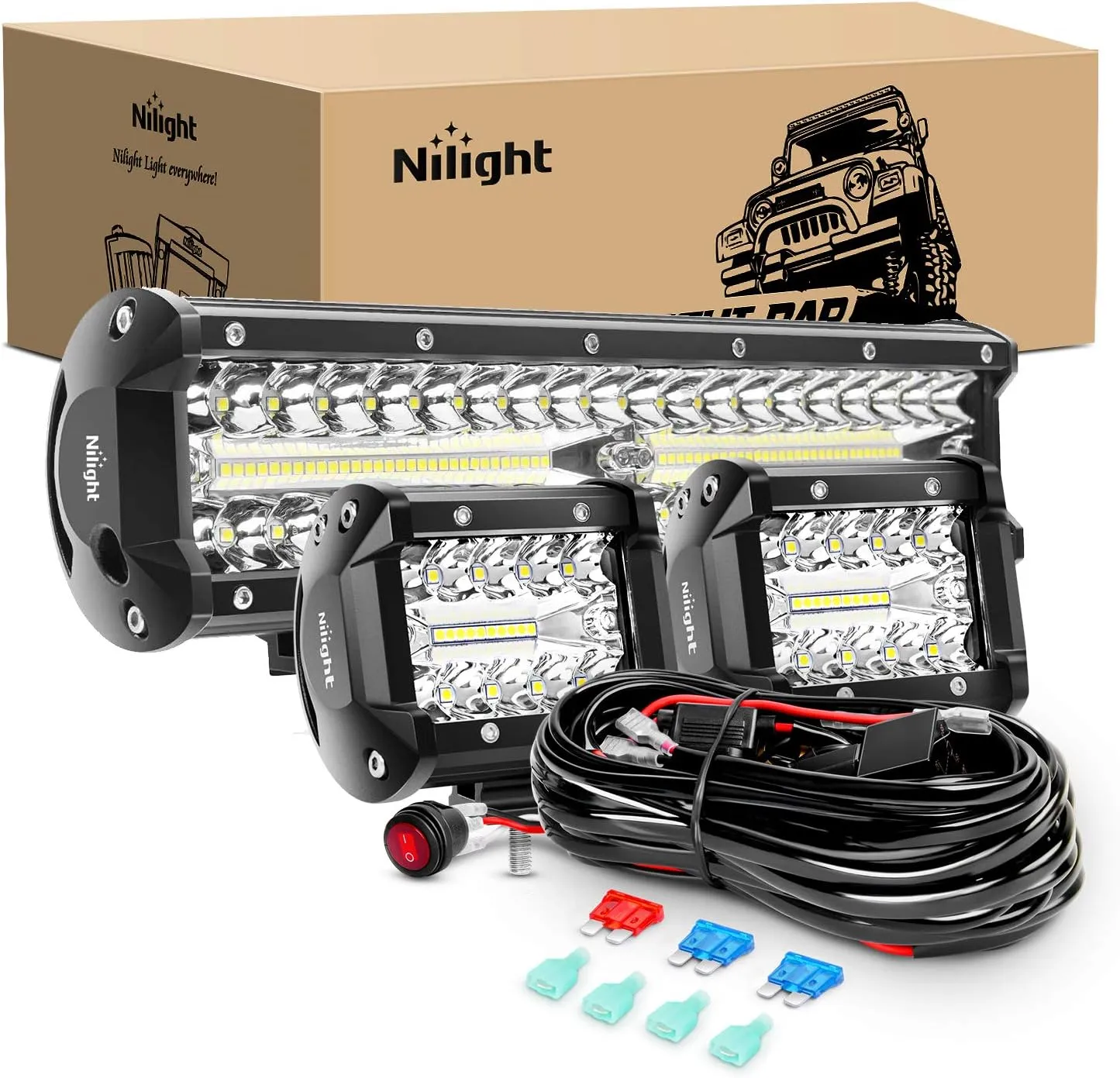 Nilight LED Light Bar Set, 12 Inch 300W Triple Row Spot Flood Combo Work Driving Lamp, 2 Pcs 4 inch 60 W with Wiring Harness for Off road ATV Boat Lighting, Year Warranty