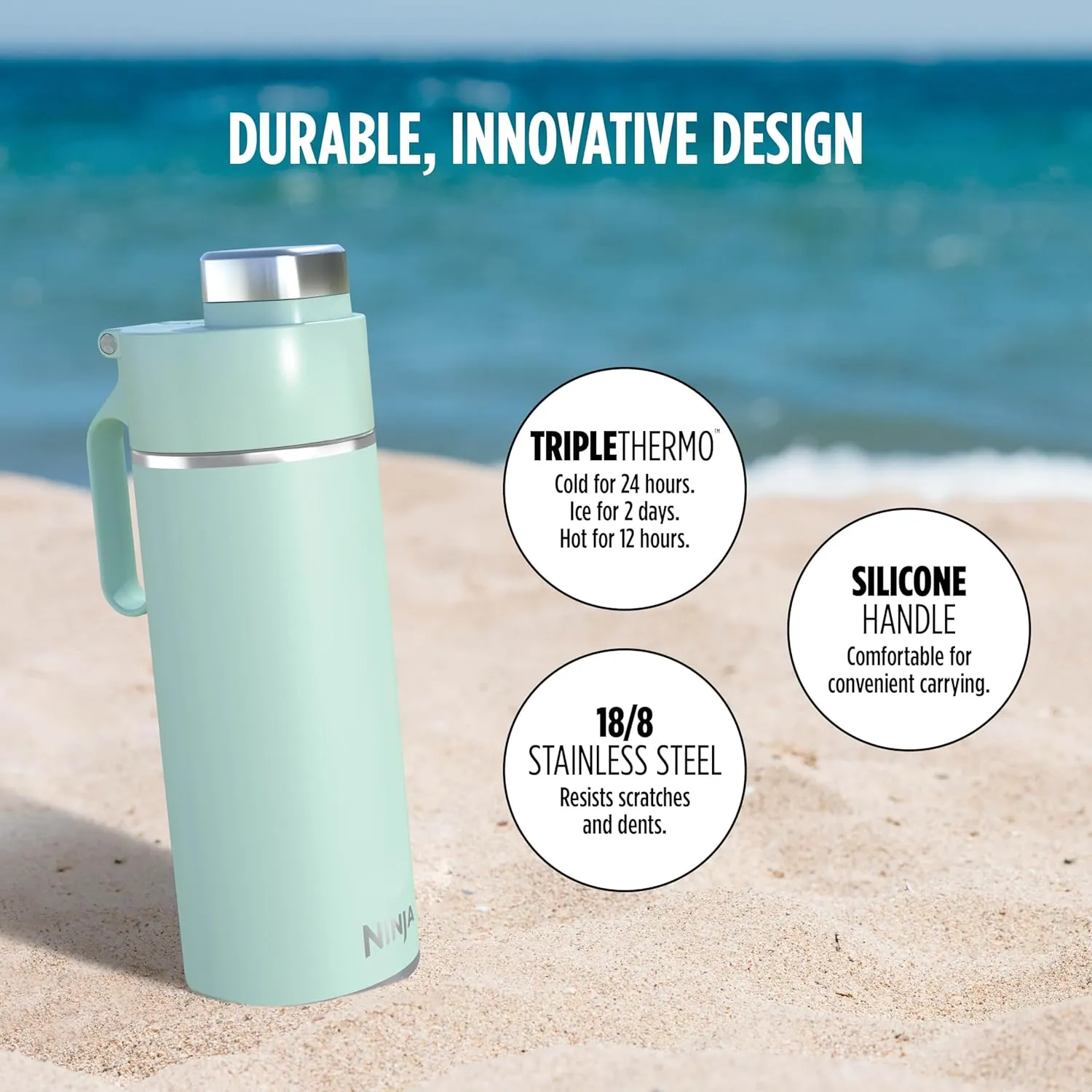 Ninja Thirsti 18oz Travel Water Bottle, For Carbonated Sparkling Drinks, Colder and Fizzier Longer, Leak Proof, 24 Hrs Cold, Dishwasher Safe, Stainless Steel Insulated Tumbler, Seafoam Blue, DW1801MT