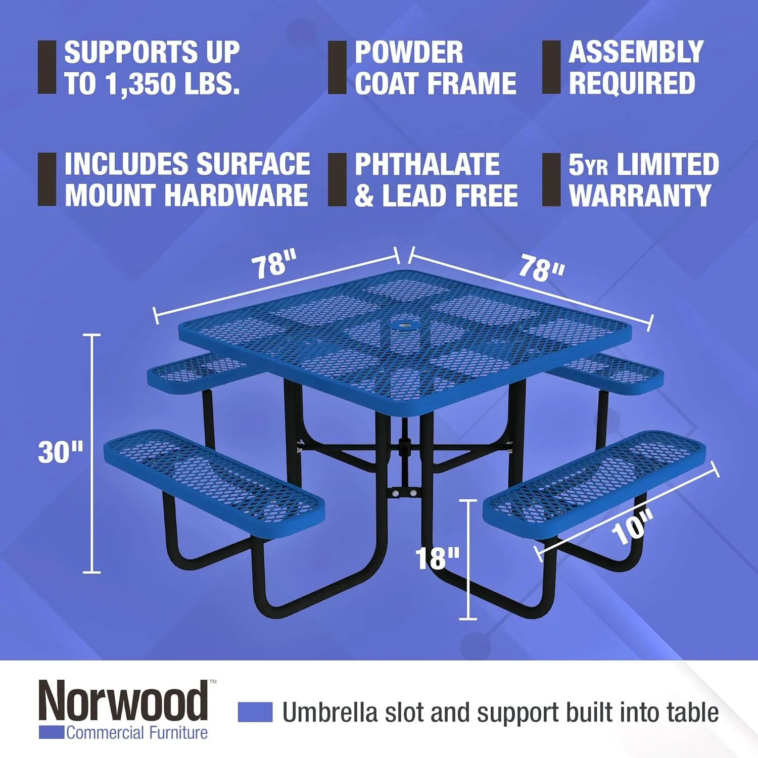 Norwood Commercial Furniture Open Air Series 46" Round Picnic Table with Benches and Umbrella Hole, Commercial-Grade Steel Portable Outdoor Picnic Table, Blue
