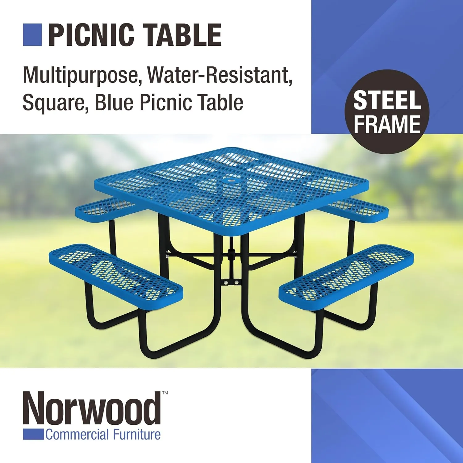 Norwood Commercial Furniture Open Air Series 46" Round Picnic Table with Benches and Umbrella Hole, Commercial-Grade Steel Portable Outdoor Picnic Table, Blue