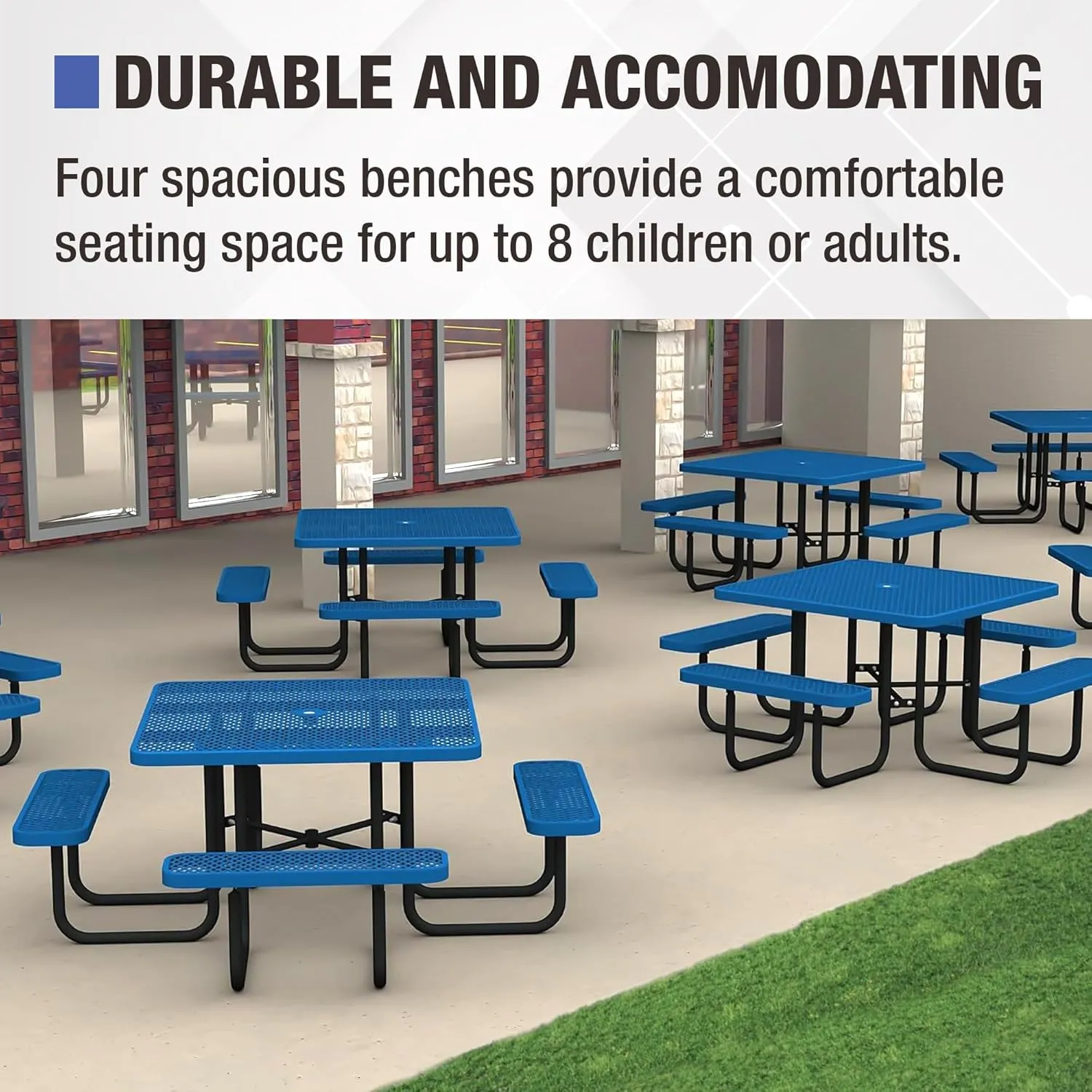 Norwood Commercial Furniture Open Air Series 46" Round Picnic Table with Benches and Umbrella Hole, Commercial-Grade Steel Portable Outdoor Picnic Table, Blue