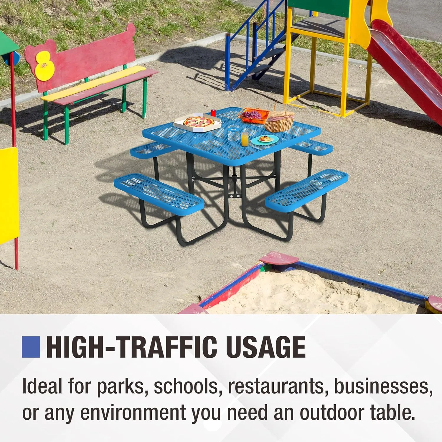 Norwood Commercial Furniture Open Air Series 46" Round Picnic Table with Benches and Umbrella Hole, Commercial-Grade Steel Portable Outdoor Picnic Table, Blue