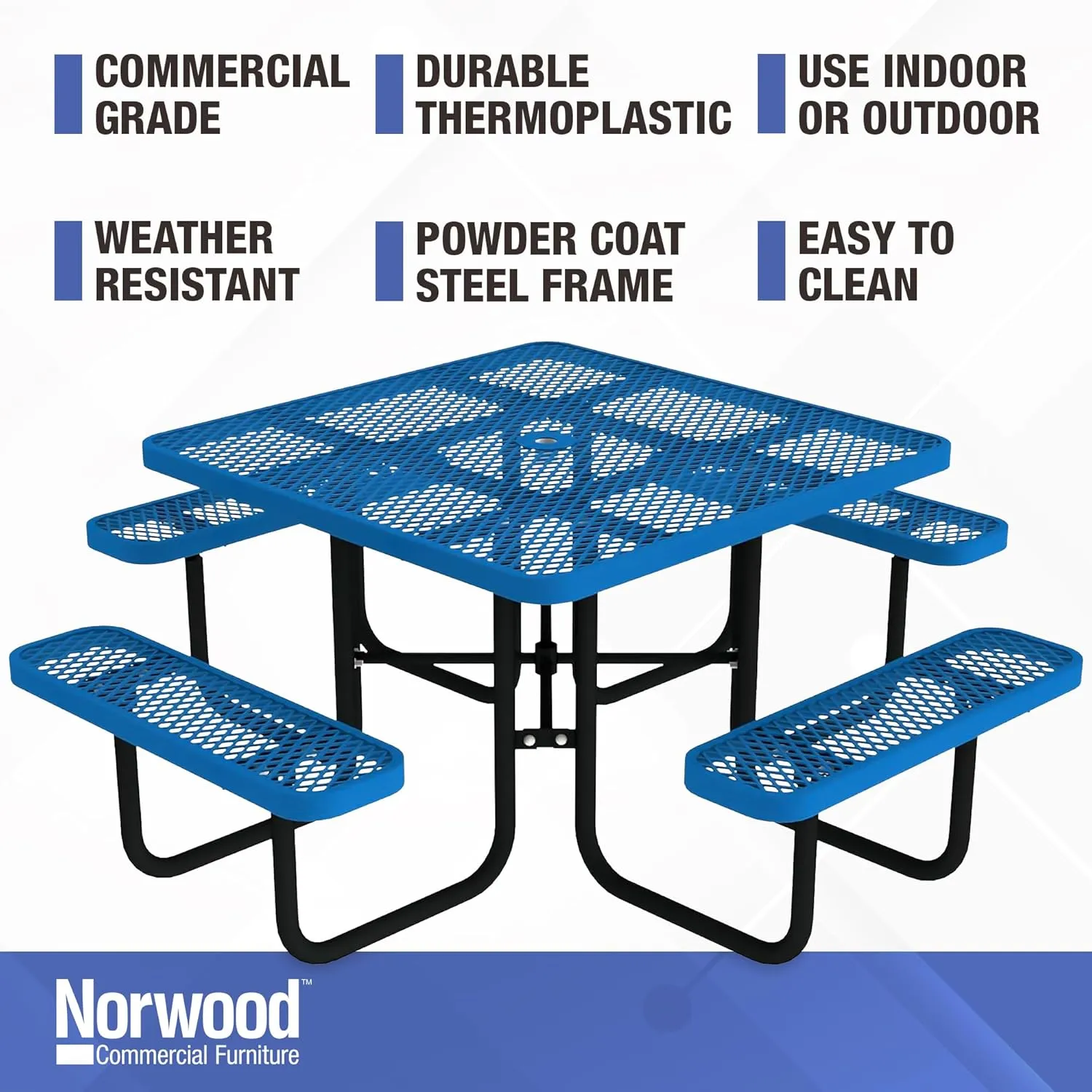 Norwood Commercial Furniture Open Air Series 46" Round Picnic Table with Benches and Umbrella Hole, Commercial-Grade Steel Portable Outdoor Picnic Table, Blue