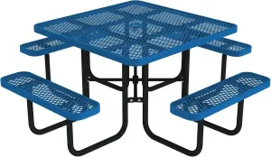 Norwood Commercial Furniture Open Air Series 46" Round Picnic Table with Benches and Umbrella Hole, Commercial-Grade Steel Portable Outdoor Picnic Table, Blue